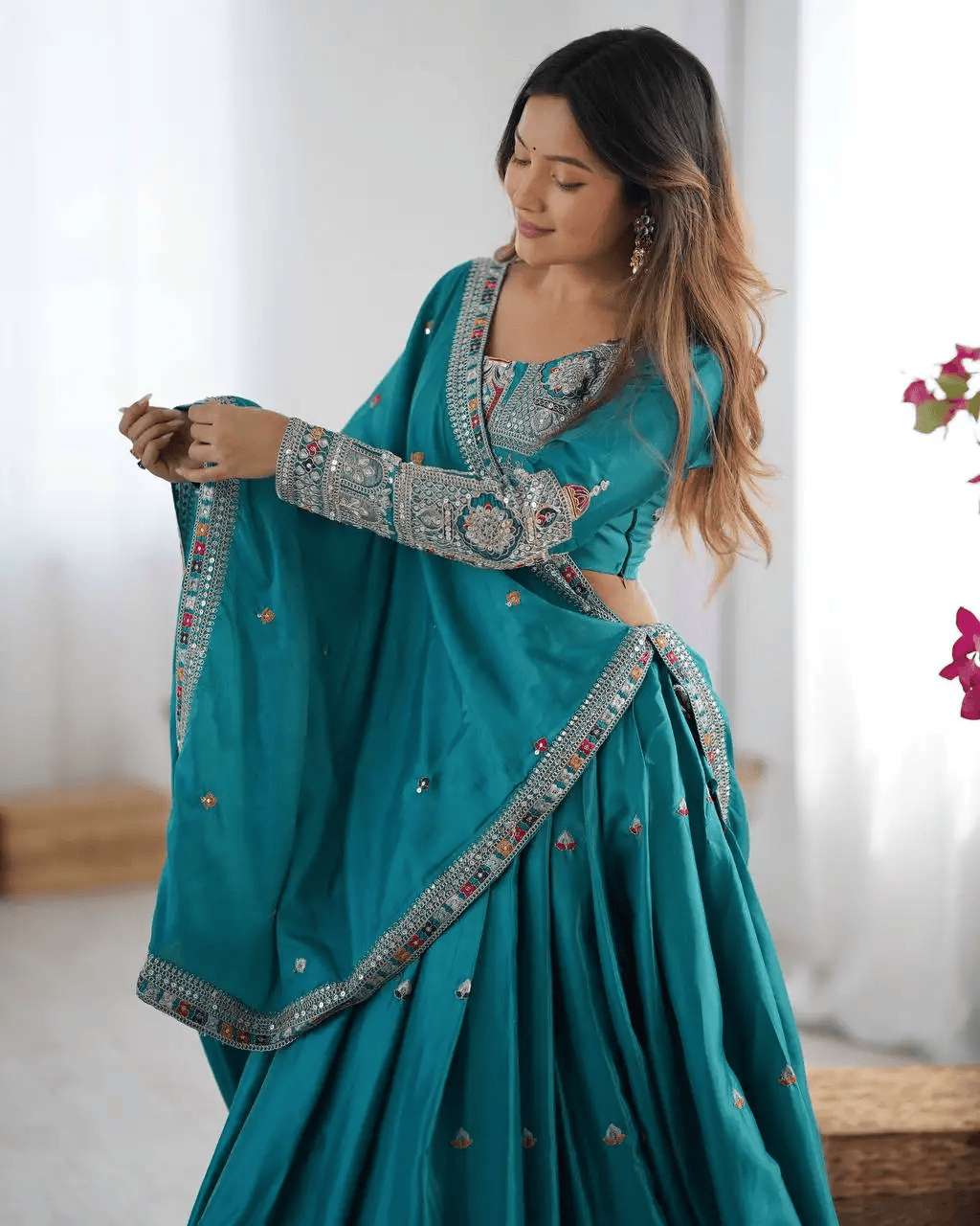 Women's Crepe Silk Sequence Embroidery and Zari Work Rajsthani Lehenga Choli with Dupatta - Image 4