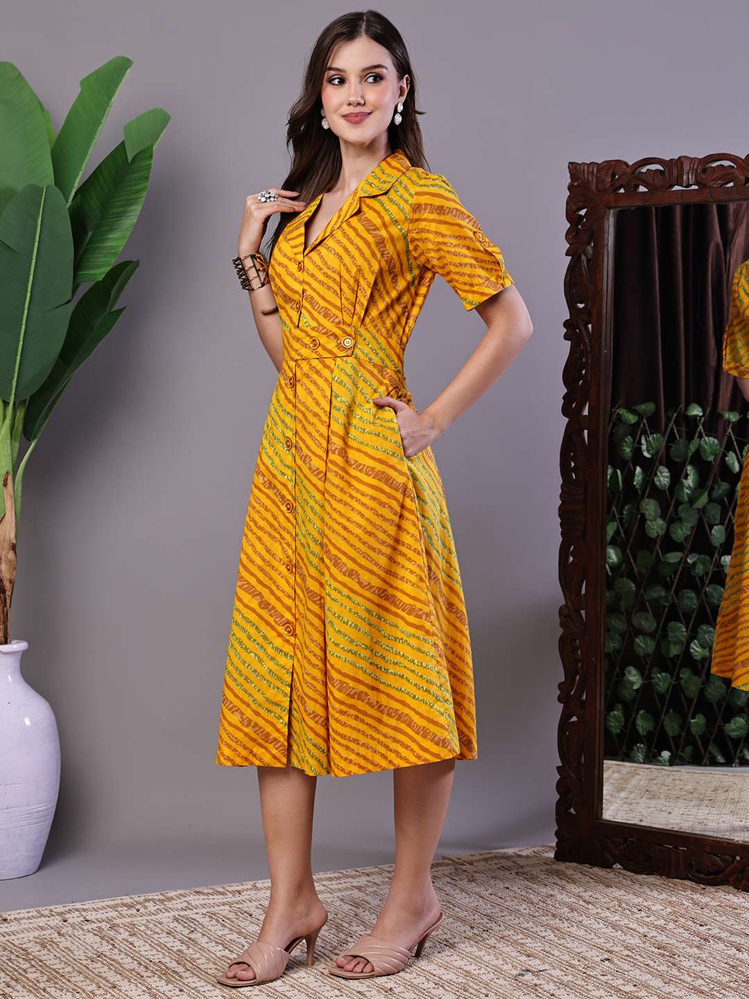 Women's Yellow Printed Cotton Shirt Dress - Image 4